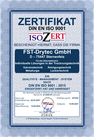 Zertifikat DIN EN ISO 9001 der FST Drytec GmbH